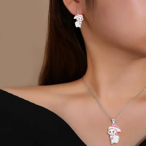Cartoon Alloy Oil Drop Mary Cat Necklace & Earrings Set - view 2