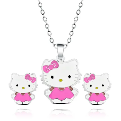 Cartoon Alloy Oil Drops Cat Motif Necklace & Earrings Set - Plated Brass jewelry made by BlueOne Jewelry
