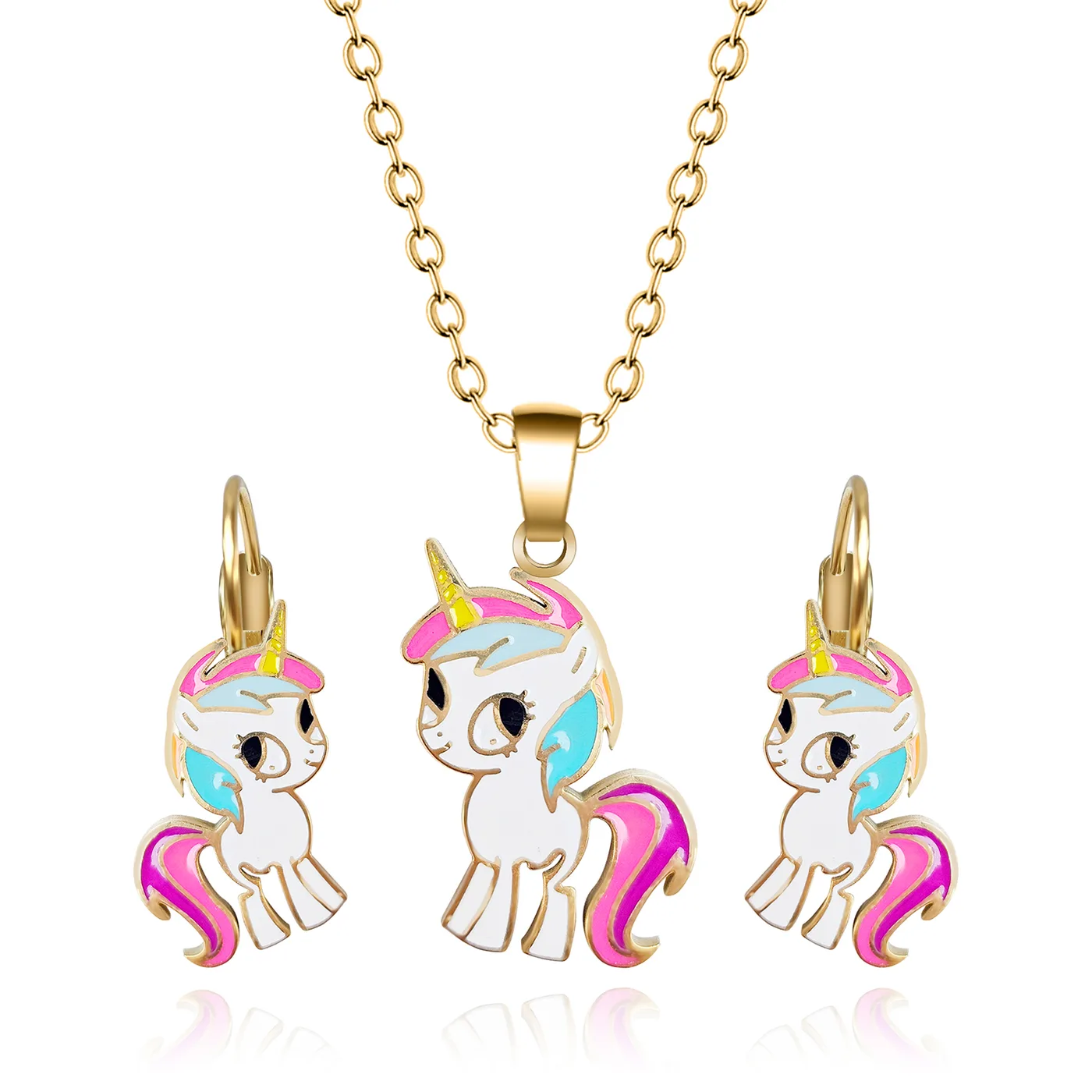 Cartoon Alloy Oil Drops Unicorn Necklace and Earrings Set made by BlueOne Jewelry