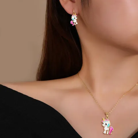 Cartoon Alloy Oil Drops Unicorn Necklace and Earrings Set - view 2