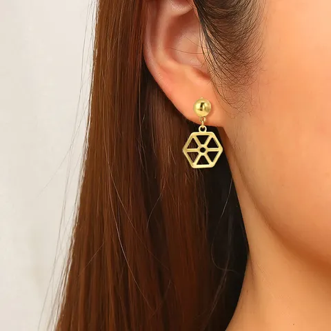 Classic Minimalist Metal Stud Earrings with Openwork Geometric Hexagon Drop Earrings - view 2