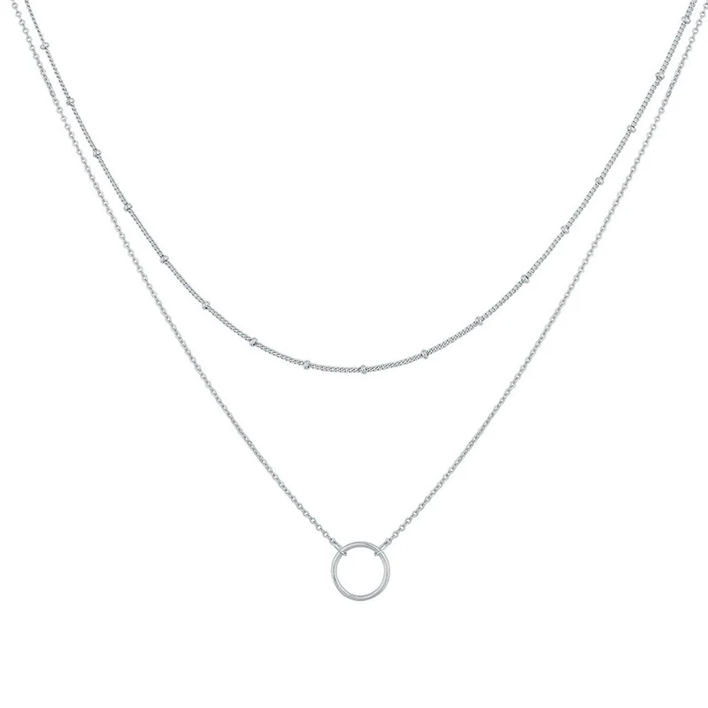 Collar Chain Simple Circle Double Layer Necklace White Gold Circle Pendant made by BlueOne Jewelry