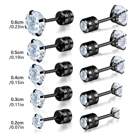 5 Pairs Stainless Steel Stud Earrings 4 Claw Round Black Threaded - view 3