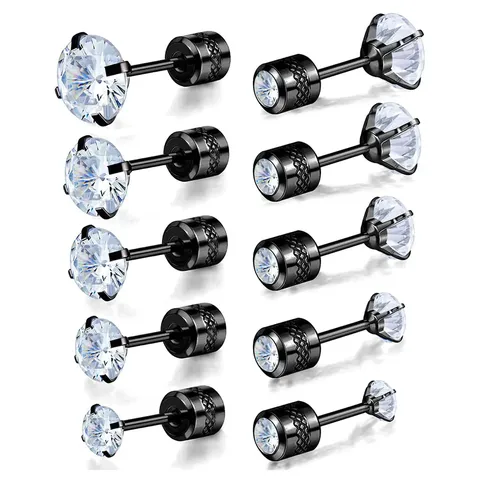 5 Pairs Stainless Steel Stud Earrings 4 Claw Round Black Threaded - Stainless Steel jewelry made by BlueOne Jewelry