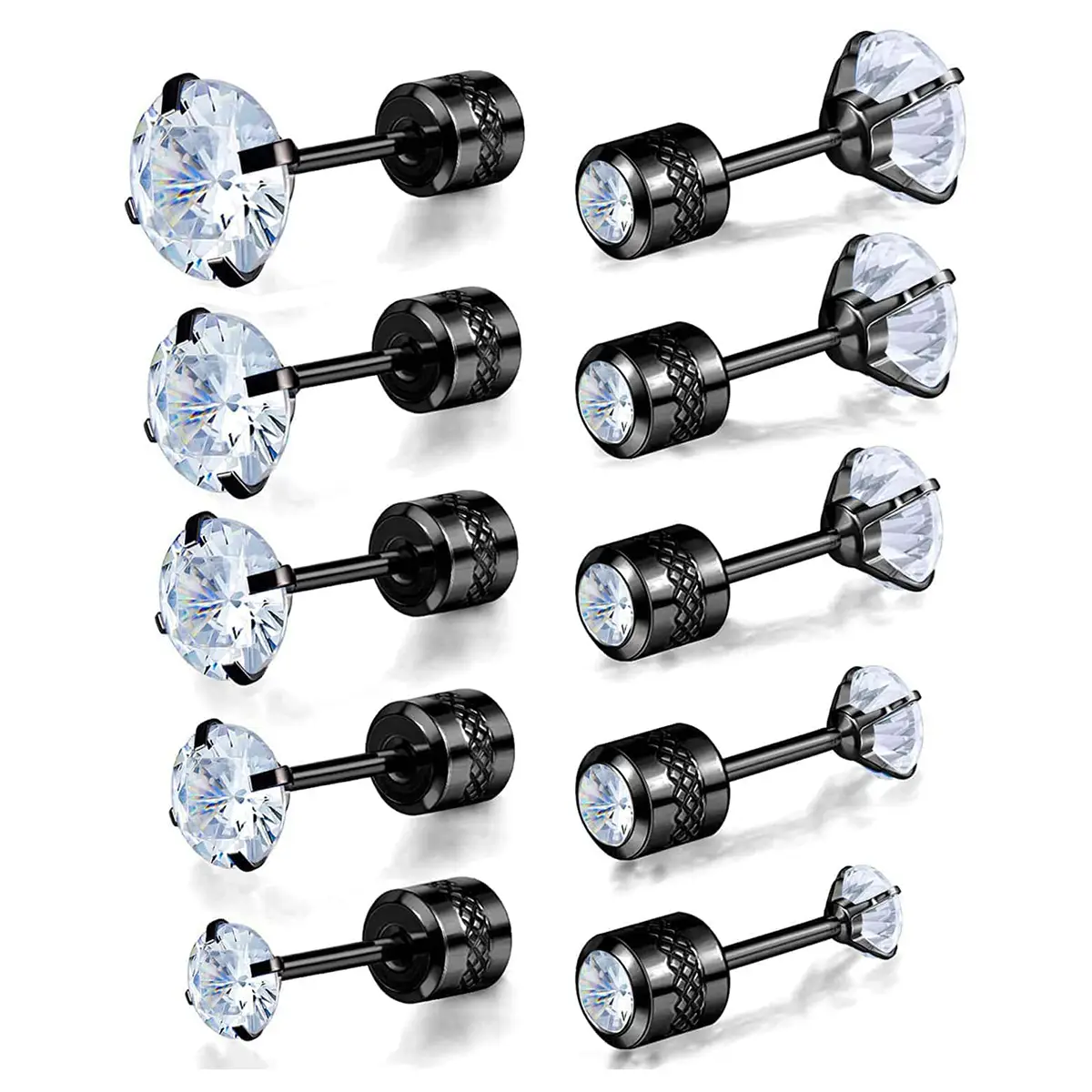 5 Pairs Stainless Steel Stud Earrings 4 Claw Round Black Threaded made by BlueOne Jewelry