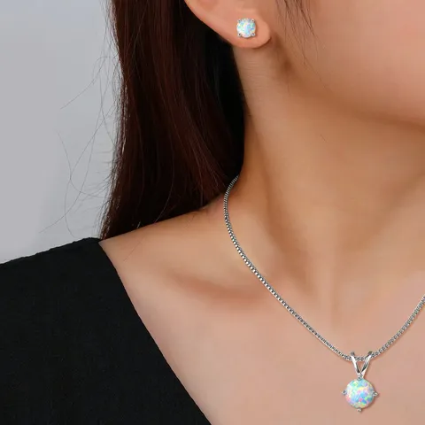Korean Version of the Opal Jewelry Set Four Claws Earrings Necklace - view 2