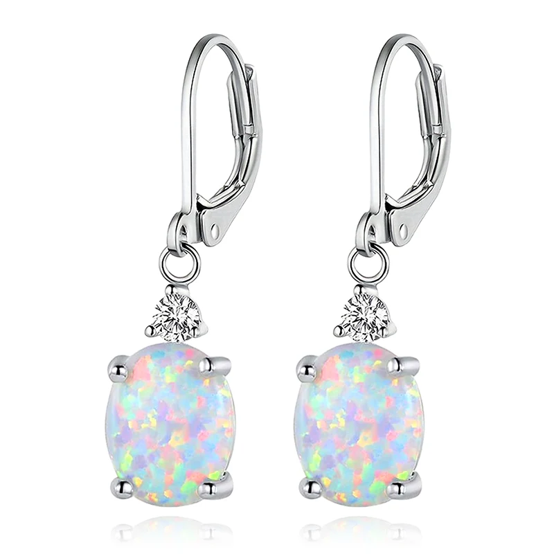 Plated Brass Earrings Four Claws Oval Opal Earrings Europe and the United States made by BlueOne Jewelry