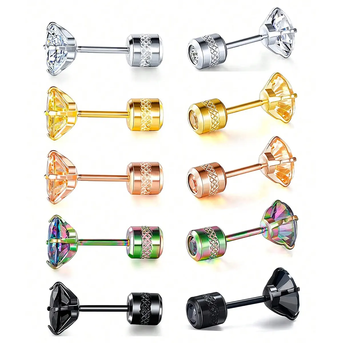 Double Head Drilling Zirconia Earrings Stainless Steel Threaded Inner Teeth Patterned made by BlueOne Jewelry