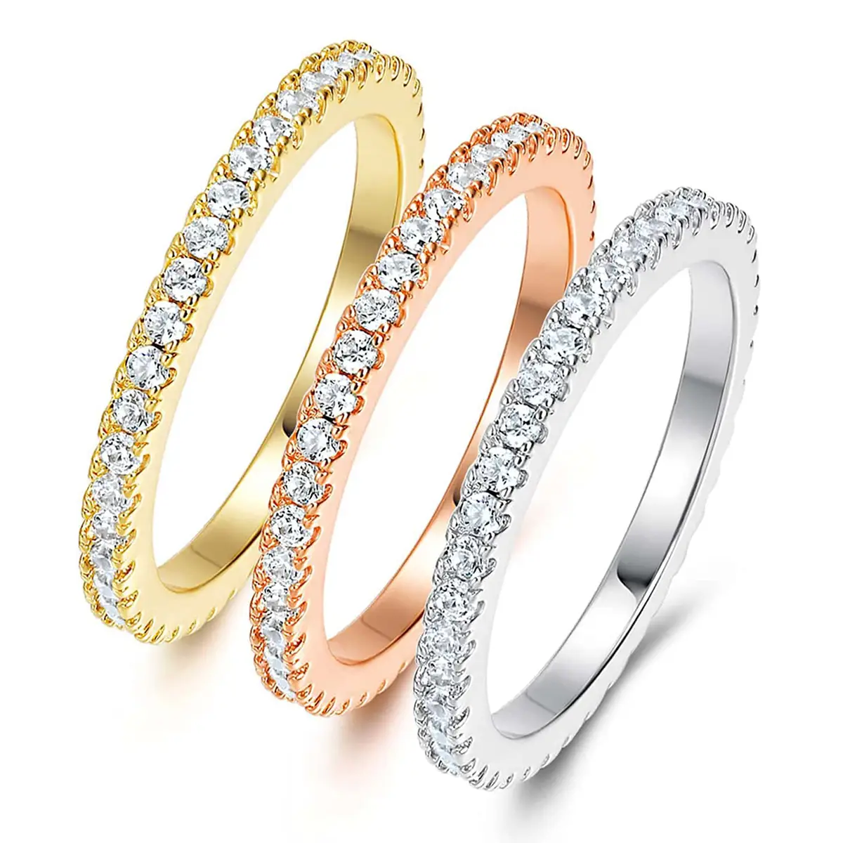 Korean Simple Personalized Set of Three Zirconia Ring Full of Diamonds made by BlueOne Jewelry
