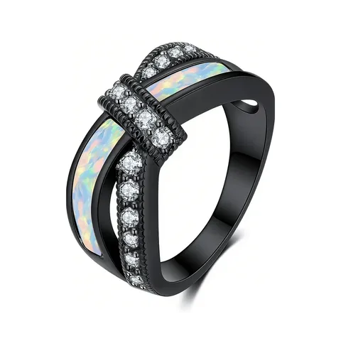 Arrivals Fashion Light Luxury Black Cross-over Diamond-studded Opal Ring - Plated Brass jewelry made by BlueOne Jewelry