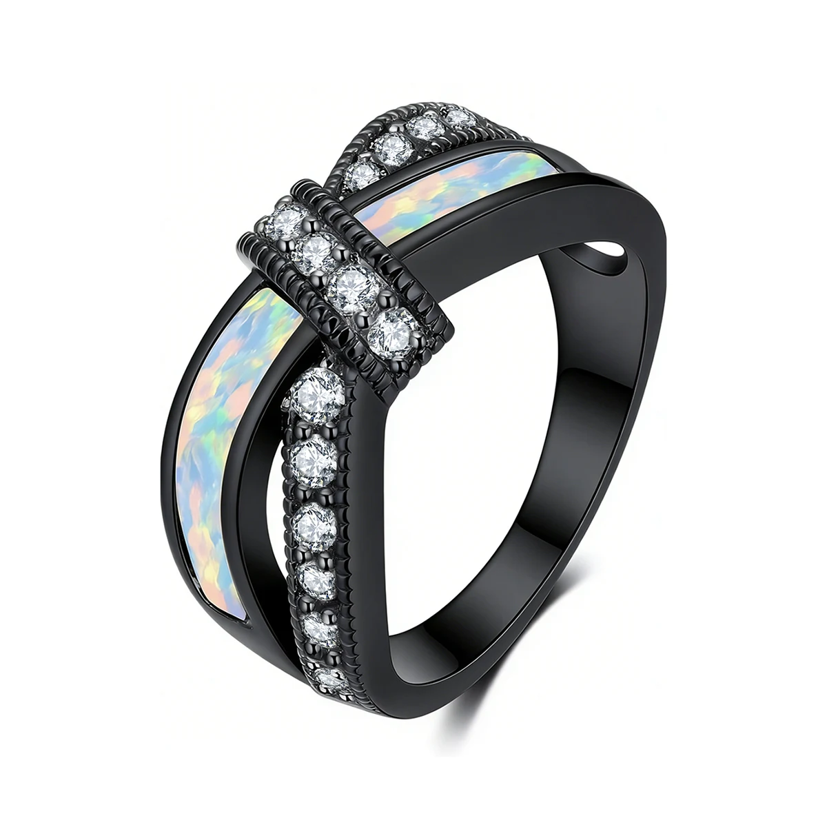 Arrivals Fashion Light Luxury Black Cross-over Diamond-studded Opal Ring made by BlueOne Jewelry
