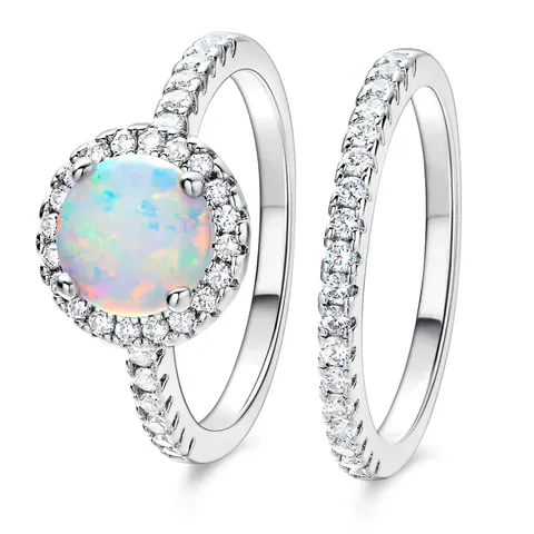 Plated Brass Ring Set of Two Micro-set Zirconia Opal Ring Wedding Pair Ring - Plated Brass jewelry made by BlueOne Jewelry
