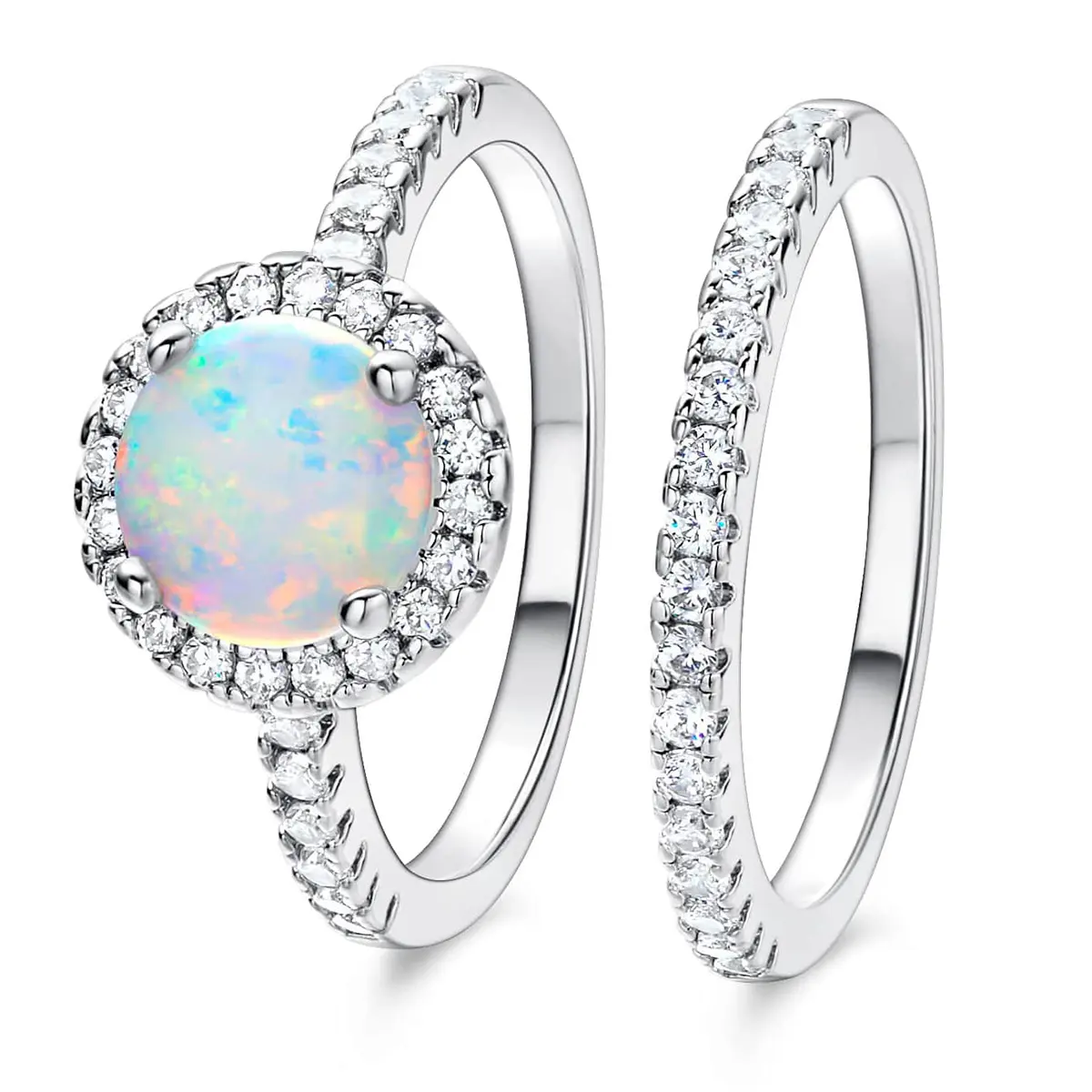 Plated Brass Ring Set of Two Micro-set Zirconia Opal Ring Wedding Pair Ring made by BlueOne Jewelry