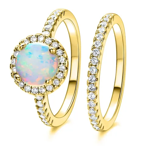 Ring Set of Two Micro-set Zirconia Opal Ring Wedding Pair Ring - Plated Brass jewelry made by BlueOne Jewelry