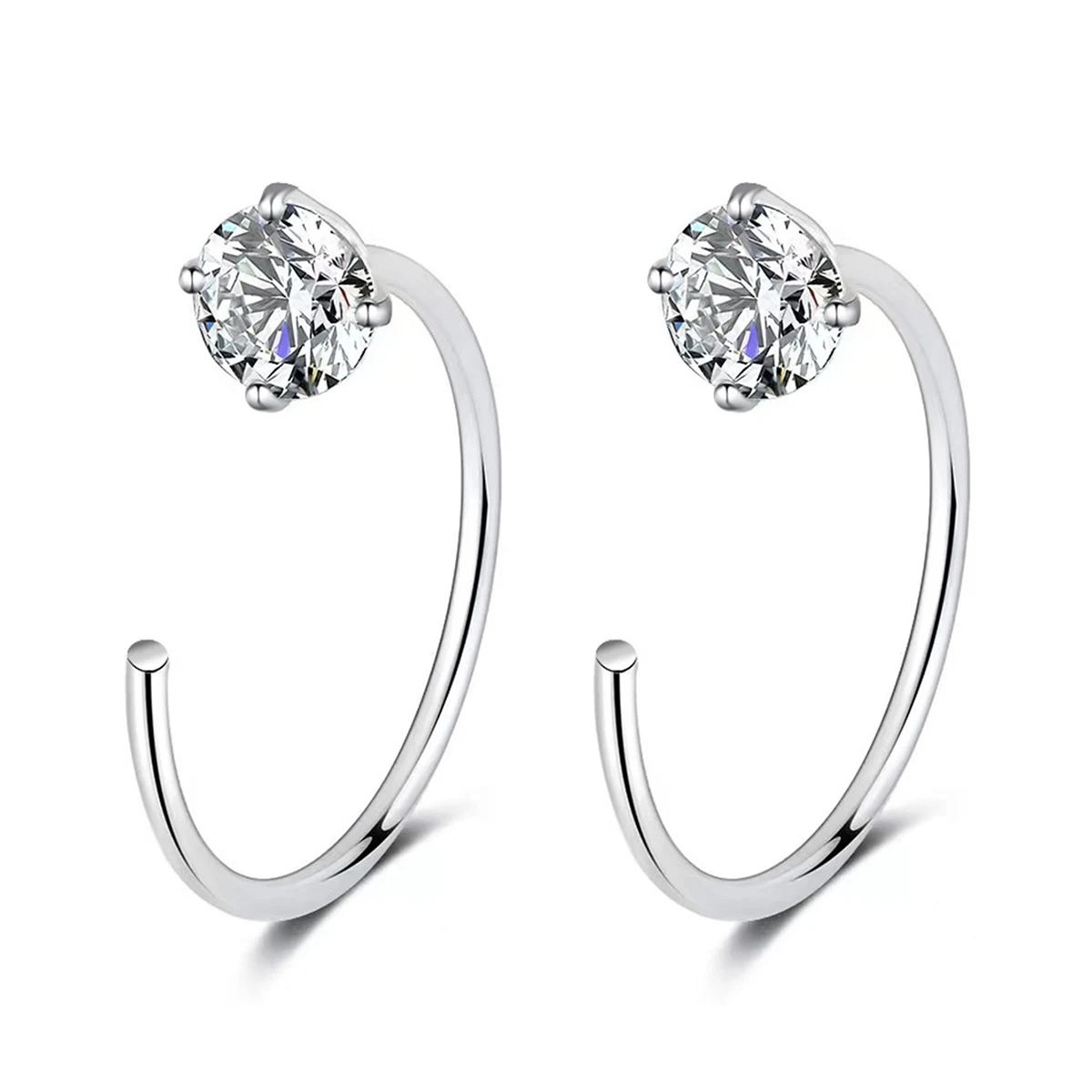 Cubic Zirconia Stainless Steel Piercing C-shaped Opening Round Head Four Claws Zirconia Nose Earrings made by BlueOne Jewelry
