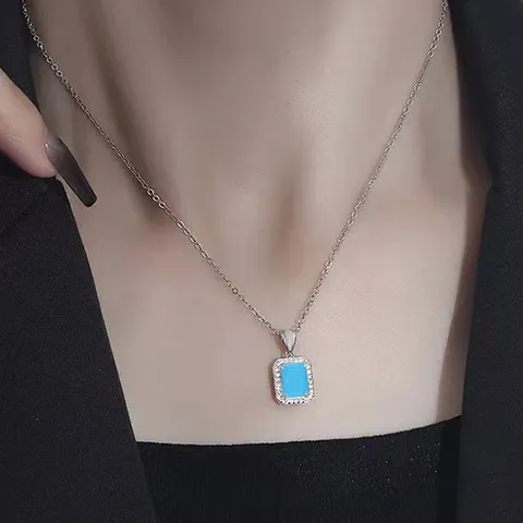 Elegant Square Pendant Necklace for Women Light Blue Zirconia Cut Pendant - view 2