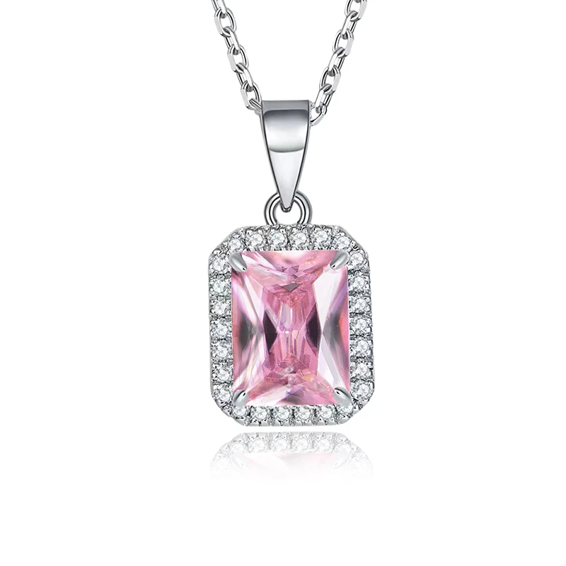 Elegant Temperament Square Pendant Necklace Women’s Pink Zirconia Cut Pendant Necklace made by BlueOne Jewelry