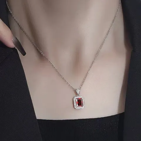 Elegant Temperament Square Pendant Necklace Women’s Red Zirconia Cut Pendant Necklace - view 2