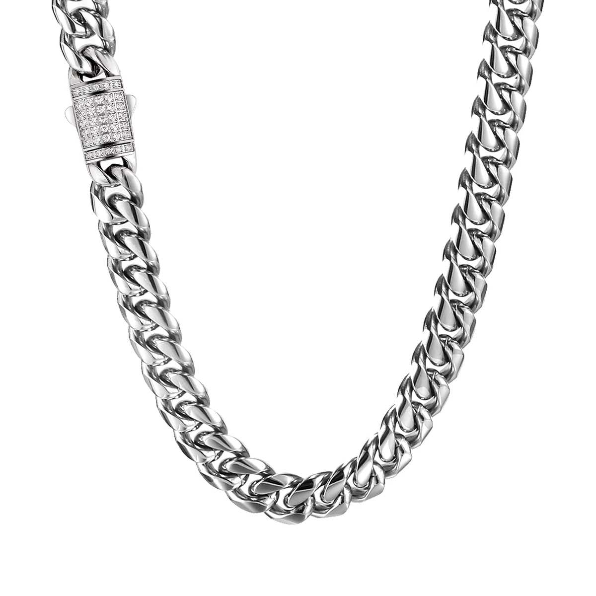 Europe and the United States Zirconium Stone Spring Buckle Titanium Steel Cuban Link Necklace made by BlueOne Jewelry