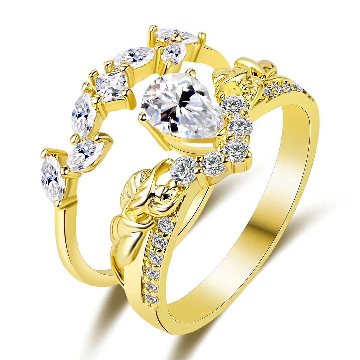 Europe and the United States Exquisite Double Ring Teardrop-shaped White Stone made by BlueOne Jewelry