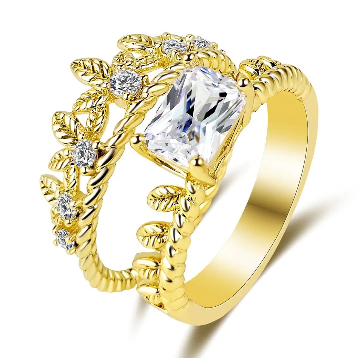 Europe and the United States Fine Double Ring Rectangular White Stone made by BlueOne Jewelry