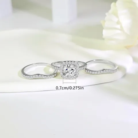 Europe and the United States Jewelry White Gold Square Zirconia Three-piece Stacking Ring Set - view 3