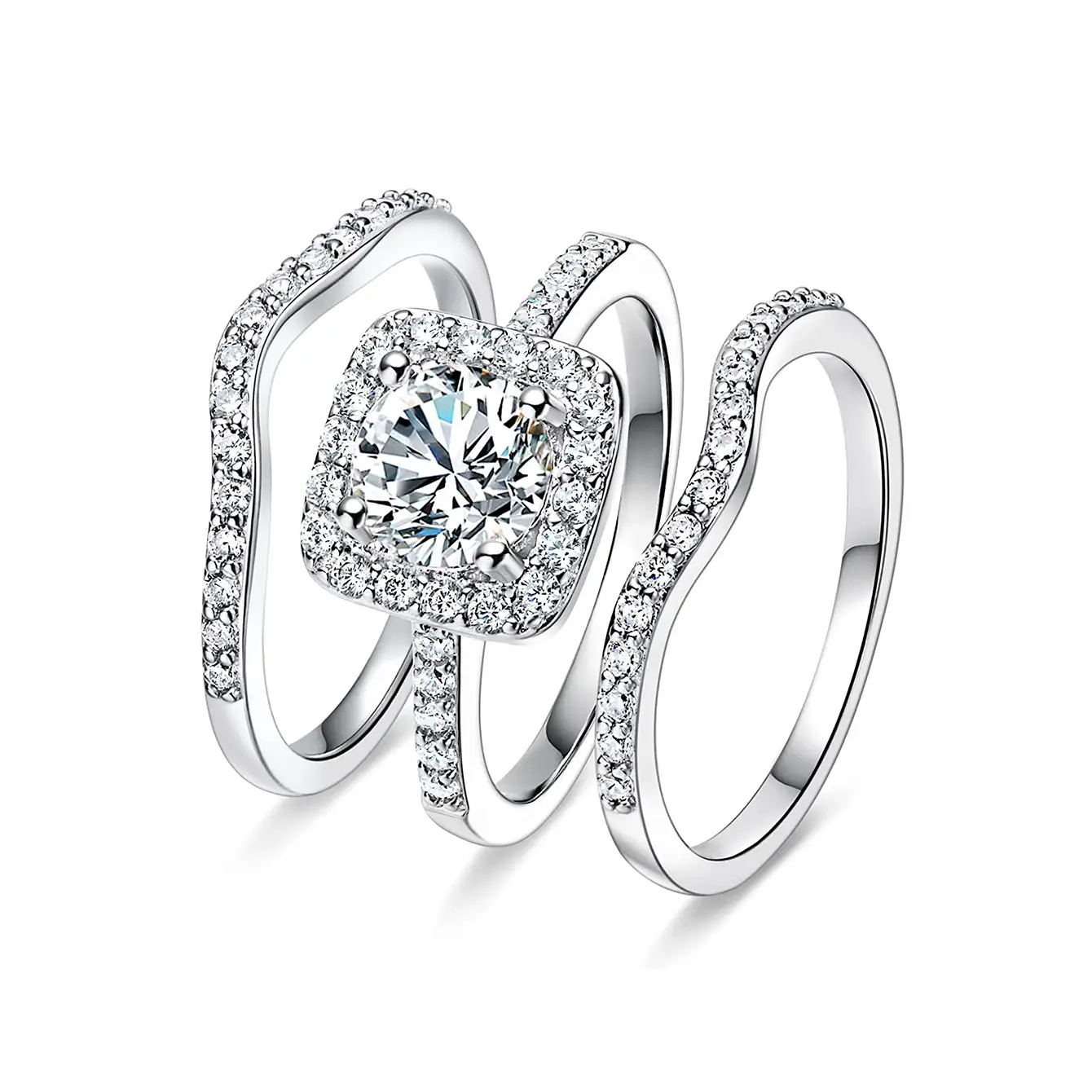 Europe and the United States Jewelry White Gold Square Zirconia Three-piece Stacking Ring Set made by BlueOne Jewelry