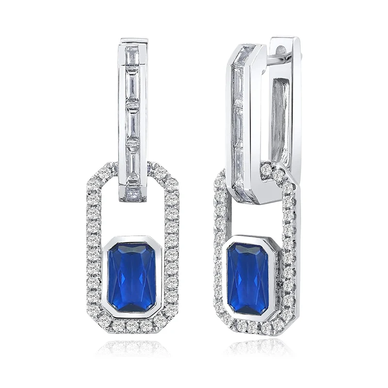Europe and the United States Style Flat Rectangular Blue Zircon Earrings made by BlueOne Jewelry
