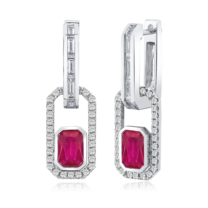 Europe and the United States Style Flat Rectangular Red Zirconia Earrings made by BlueOne Jewelry