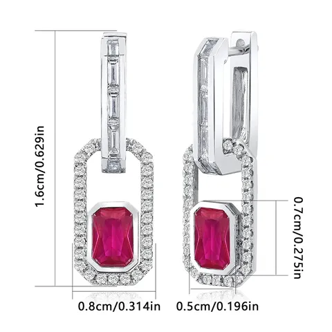 Europe and the United States Style Flat Rectangular Red Zirconia Earrings - view 3
