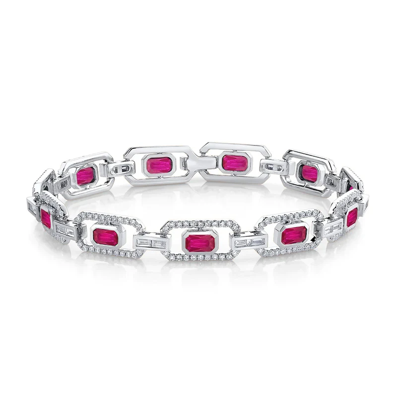 Europe and the United States Style Flat Rectangular Red Zirconia Bracelet made by BlueOne Jewelry