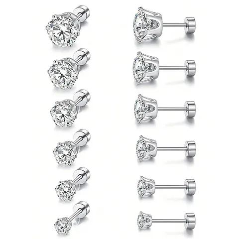 Direct Pop Stainless Steel Zirconia Earrings Crown Six Claws Screw Set - Stainless Steel jewelry made by BlueOne Jewelry