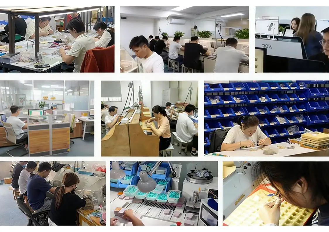 Nine views inside the BlueOne Jewelry workshop in Panyu, Guangzhou: setting, polishing and assembly benches