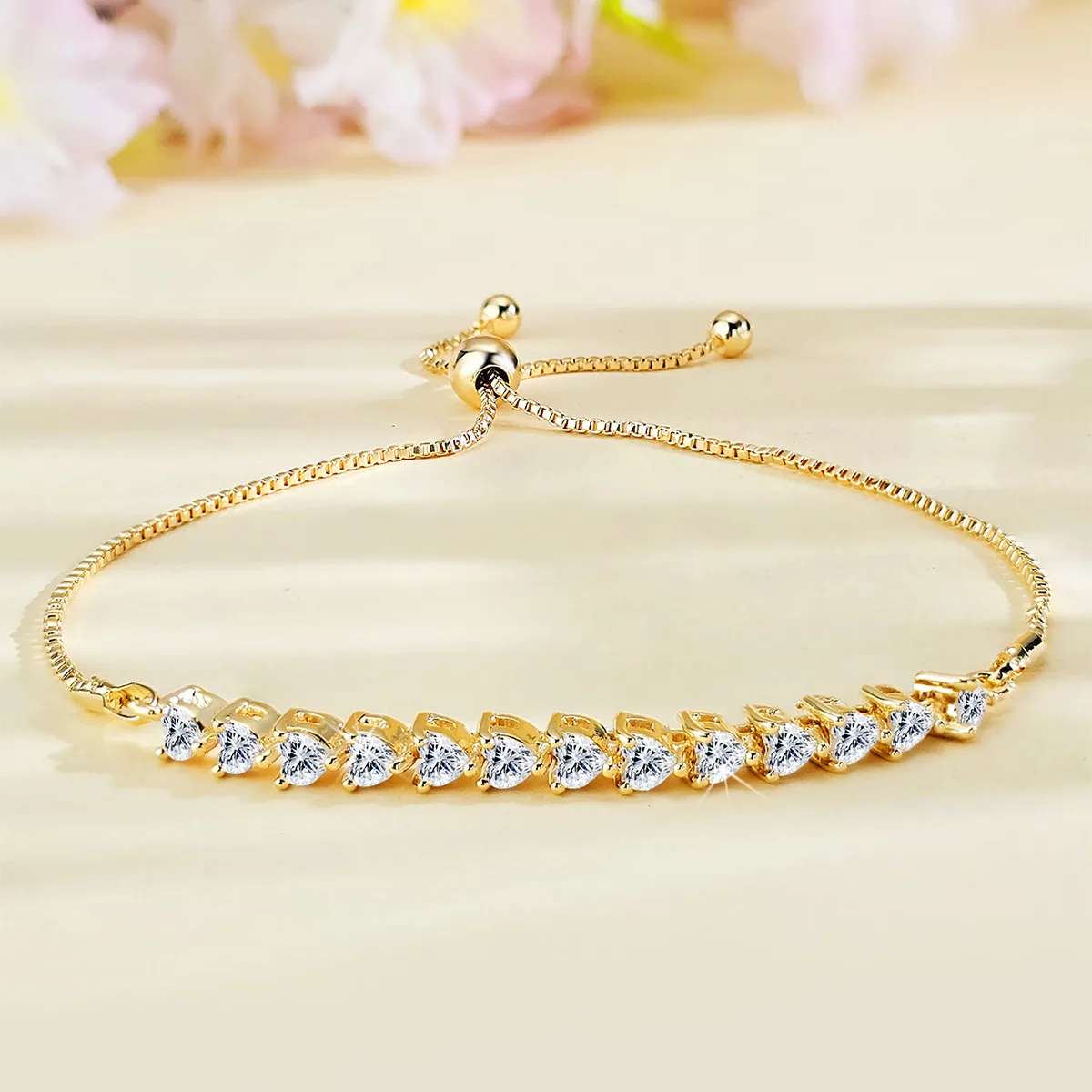 Cubic Zirconia Fashion European and American Love Heart Zircon Bracelet Pull-out Adjustable Length made by BlueOne Jewelry