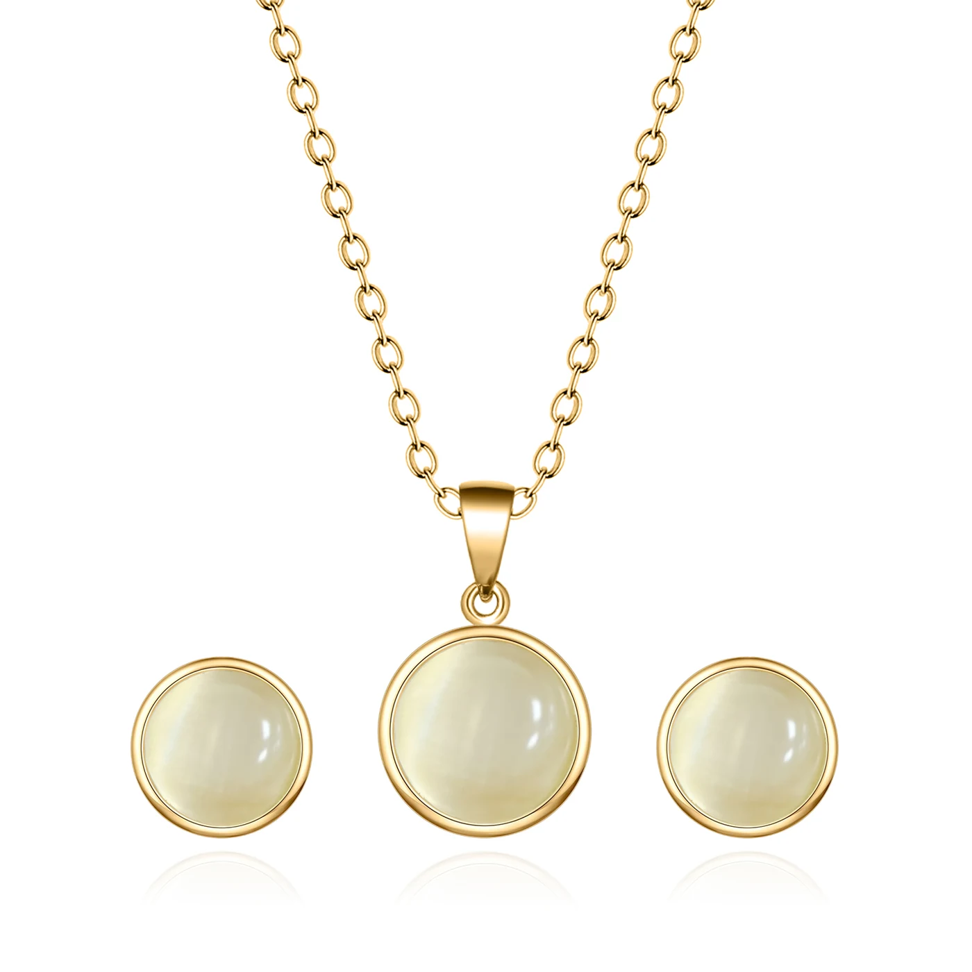 Fashionable and Exquisite Cat’s Eye Women’s Stainless Steel Pendant Necklace Earrings Jewelry Set made by BlueOne Jewelry