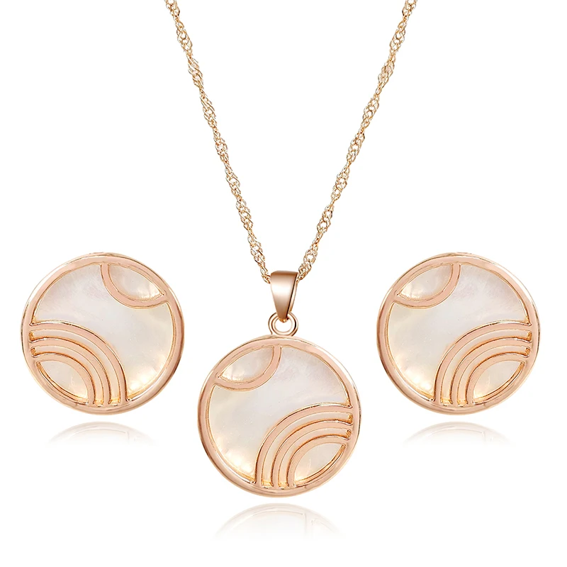 Natural Stone French Vintage Niche Design Flower Shell Round Plaque Pendant Necklace Titanium Jewelry Set made by BlueOne Jewelry