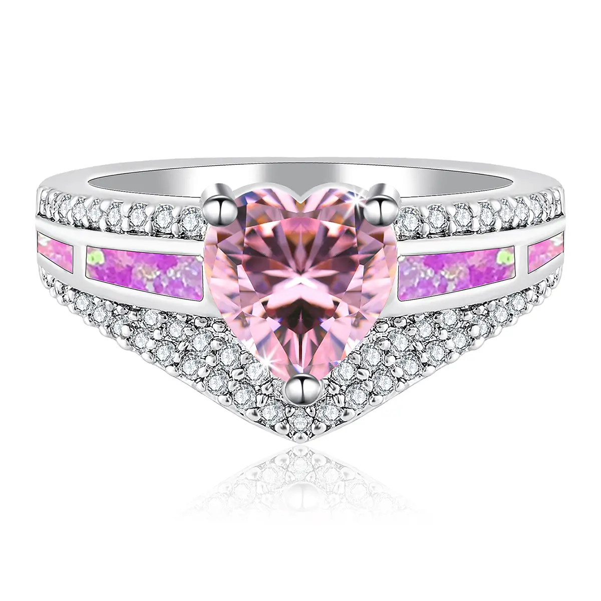 European and American Love Heart Opal Ring Pink Jewelry Mother’s Day made by BlueOne Jewelry