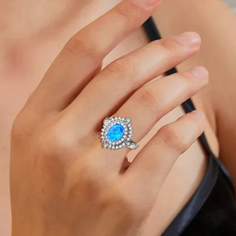 Luxury Full Diamonds Bloom Flower Shape Faux Opal Ring Hoops - view 2