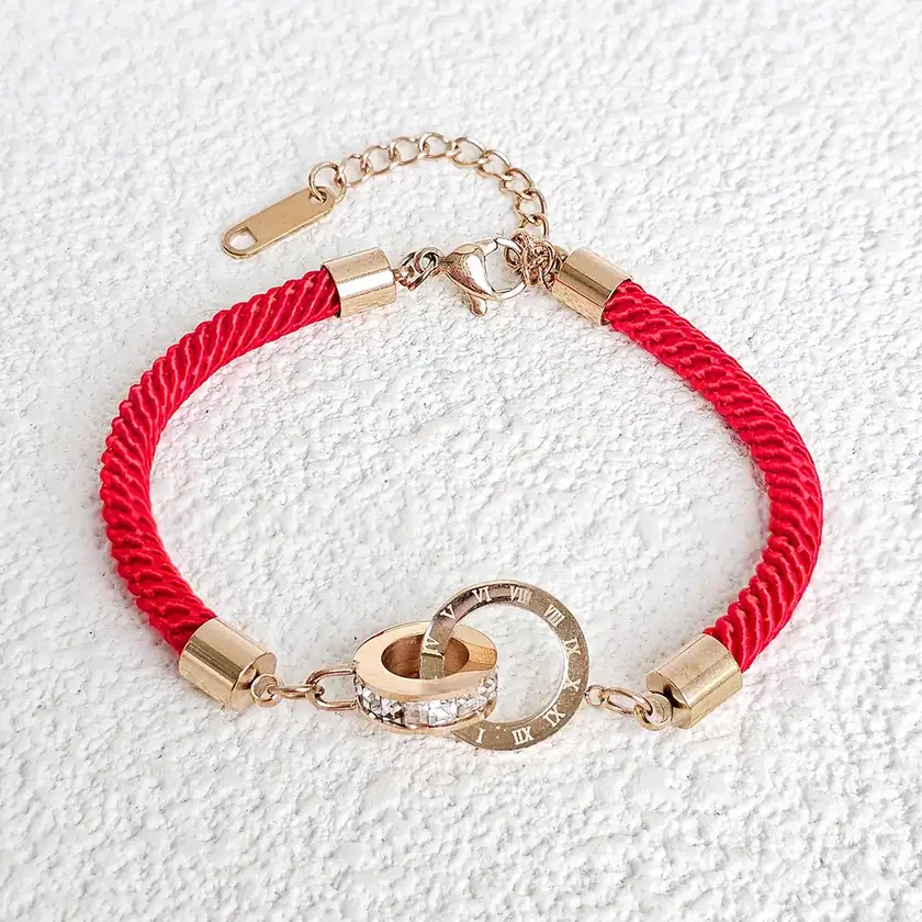 Joyful Braided Red Rope Roman Numerals Double Ring Bracelet Lucky Hundreds made by BlueOne Jewelry