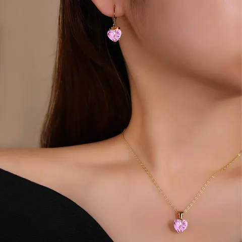 Korean Version of the Pink Heart Set Zirconia Pendant Earrings Simple - view 2