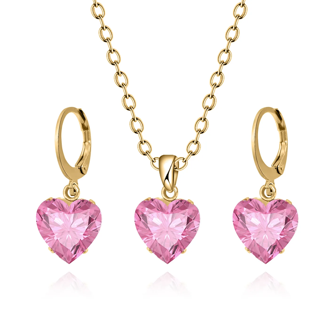 Korean Version of the Pink Heart Set Zirconia Pendant Earrings Simple made by BlueOne Jewelry