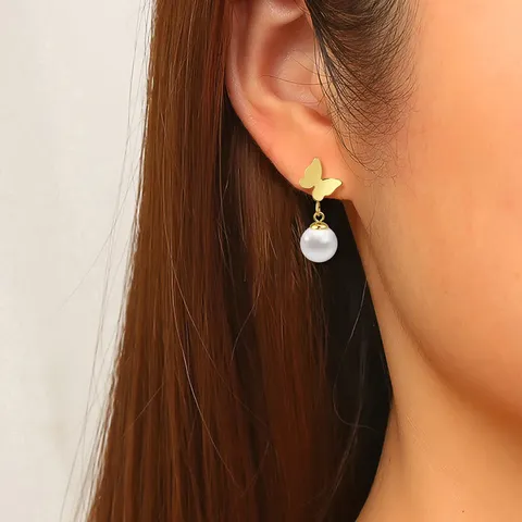 Chinese Style Butterfly Pearl Pendant Earrings - view 2