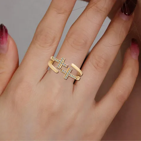 Korean Temperament Micro-set Zirconia Hollow Double Cross Open Ring Joint Ring - view 2