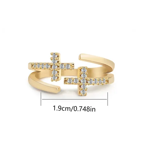 Korean Temperament Micro-set Zirconia Hollow Double Cross Open Ring Joint Ring - view 3