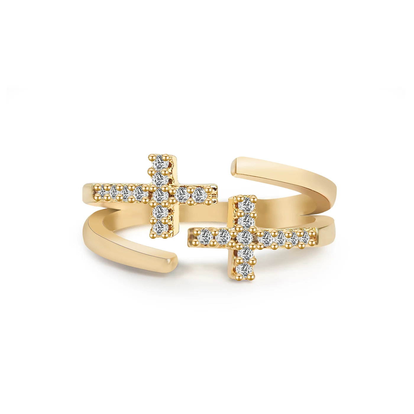 Korean Temperament Micro-set Zirconia Hollow Double Cross Open Ring Joint Ring made by BlueOne Jewelry