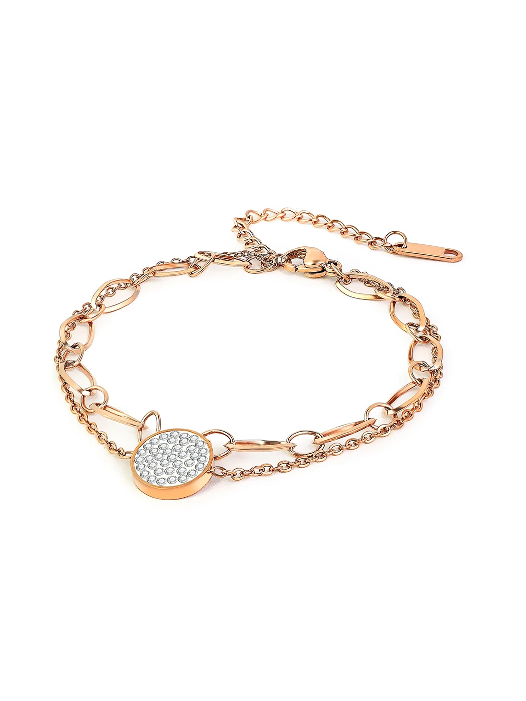 Light Luxury Double Rose Gold Full of Diamonds Pendant Titanium Bracelet made by BlueOne Jewelry