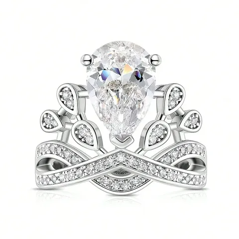 Pear-shaped Water Drop Personalized Crown Ring Female Fashion Shaped Diamond Ring - Plated Brass jewelry made by BlueOne Jewelry