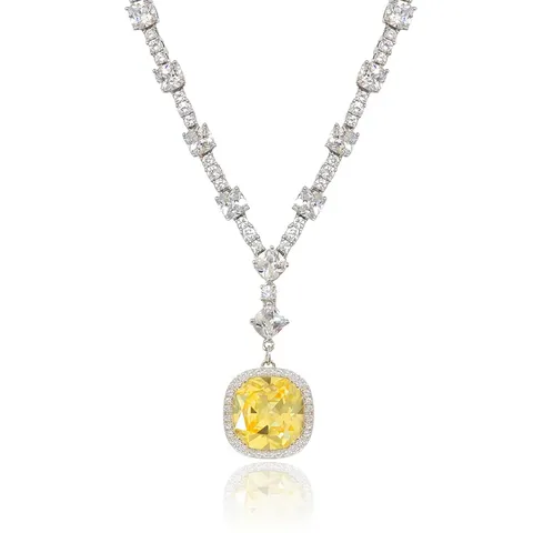 Women’s Necklace Fine Jewelry Full Diamond Square Zirconia Pendant Necklace - Plated Brass jewelry made by BlueOne Jewelry