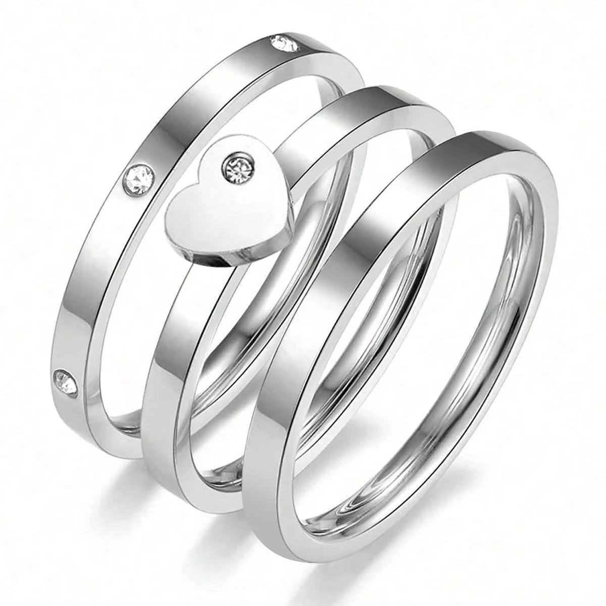 Stainless steel stacking rings with a polished heart motif