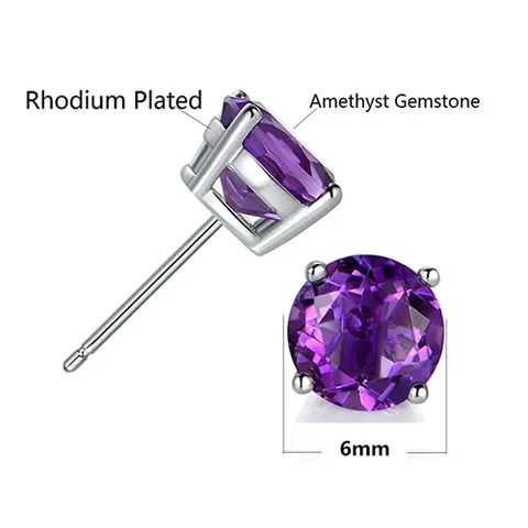 Purple Amethyst Gemstone Sterling Silver Solitaire Stud Earrings for Women - view 3